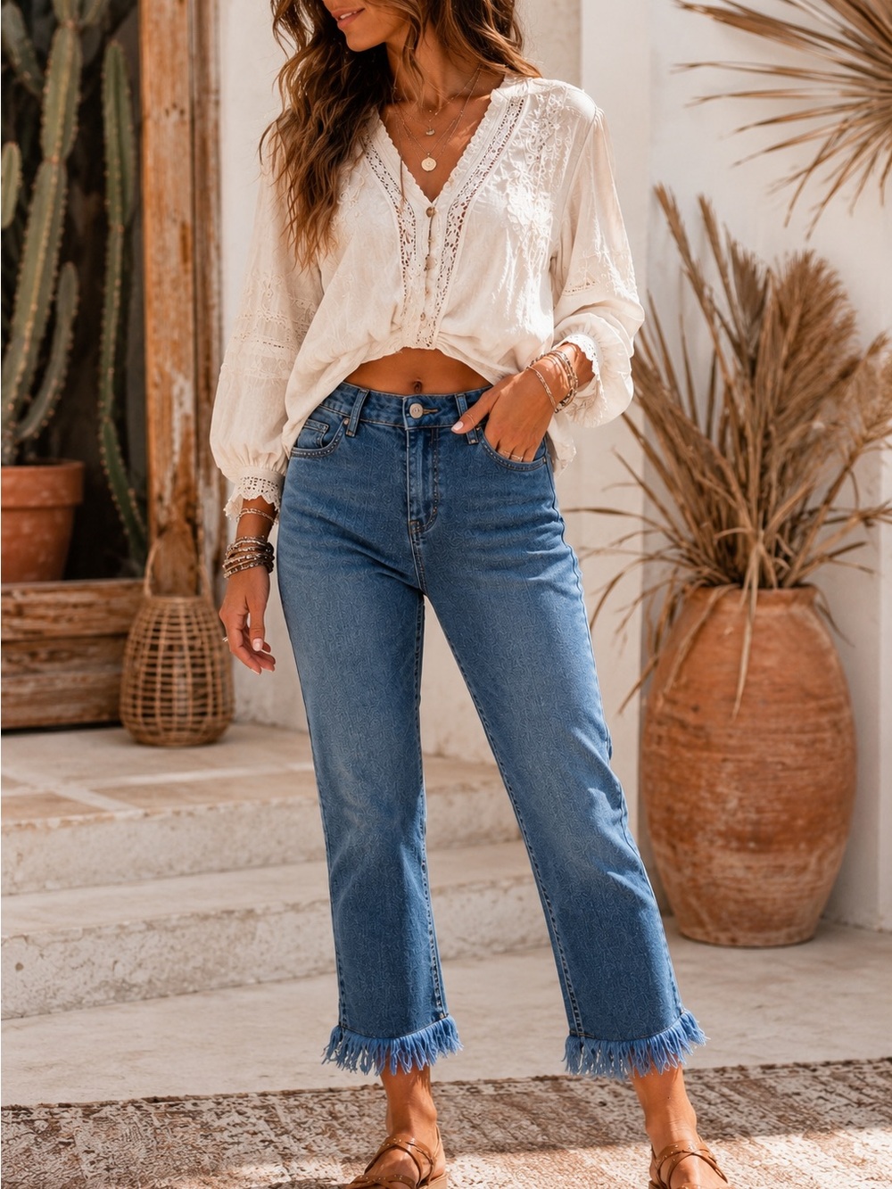 Ethyl Cropped Fringe Hem Jeans Size 6 Stretch Boho Boutique Denim